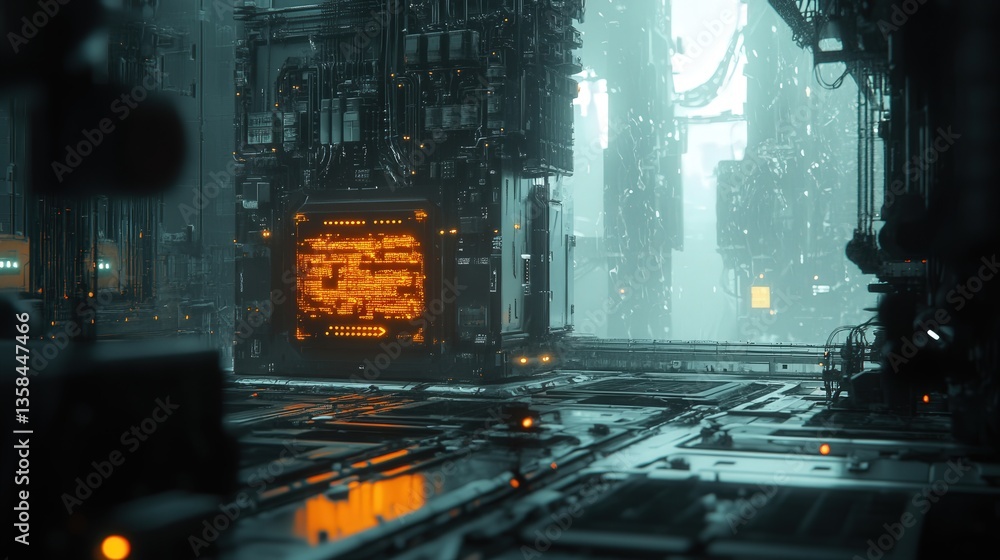 Poster cpu glowing intensely while powering a digital ai system in a high-tech environment