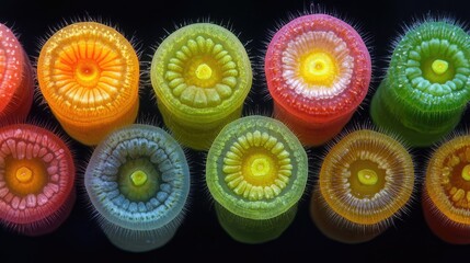 Colorful microscopic sea creatures, vibrant hues, dark background, scientific research