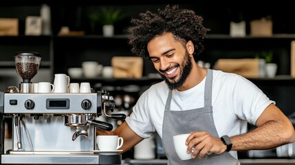 Happy barista making coffee at cafe.