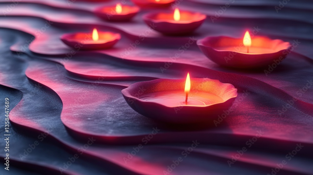 Poster lit candles in small bowls arranged on a wavy surface, creating a serene and calming atmosphere.