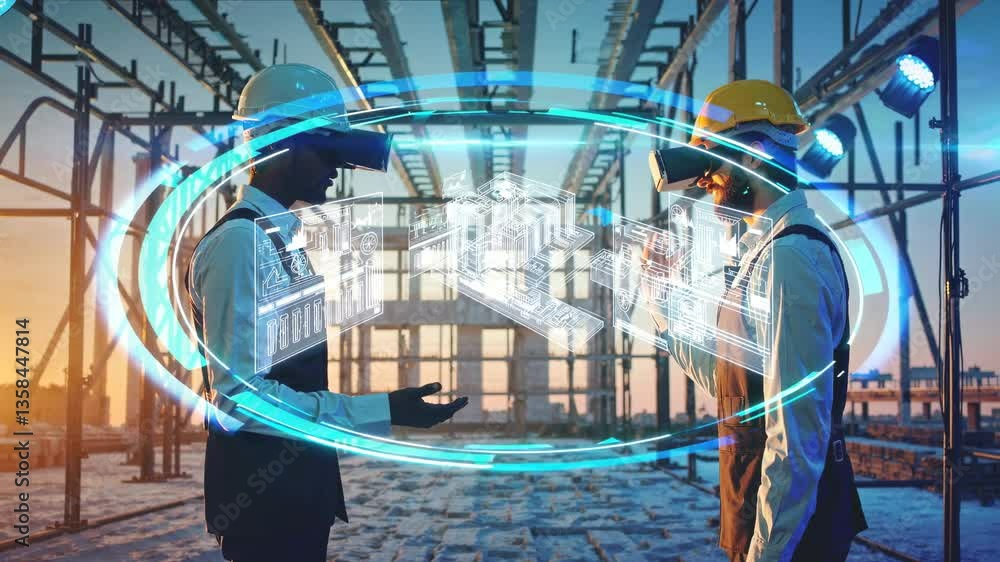 Poster two construction workers with virtual reality headsets interact with holographic building blueprints