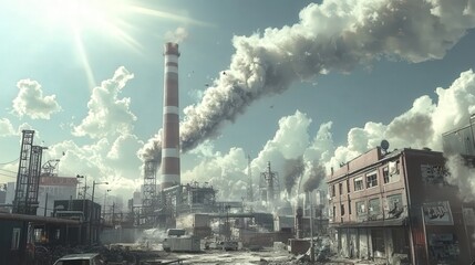 factory chimney towering over a bustling industrial park, with a stream of smoke rising high into the air under a bright sky.