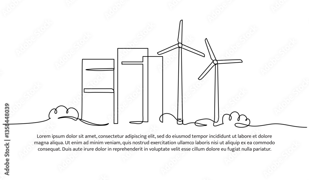 Poster continuous one line design of eco-friendly building with wind turbines. minimalist style vector illu