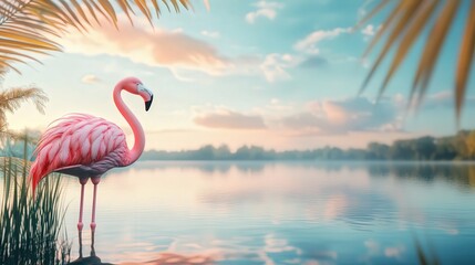 flamingo sculpture in pastel colors, positioned beside a shimmering lake with gentle reflections of the sky and surrounding nature.