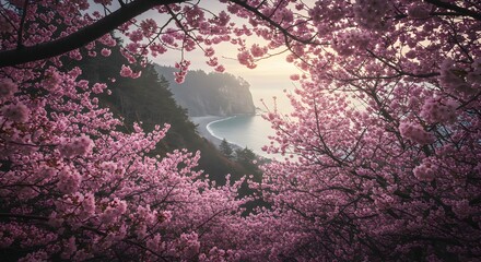 Stunning Spring Blossom Framing Seaside View with Calm Waters and Mountains