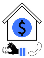 Dollar emblem inside house, hand offering coin, and phone conveying finance communication. Ideal for banking, loans, business, customer service, home mortgage, savings advice and finance flat simple
