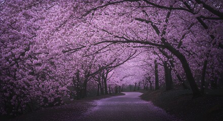 Journey Through a Stunning Cherry Blossom Path with Purple Floral Canopy