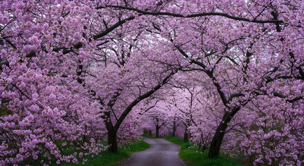 Obraz premium Blooming Cherry Blossom Trees Tunneling Road Scene in Spring Season