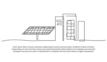 Continuous one line design of solar panels and modern building. Minimalist style vector illustration on white background.