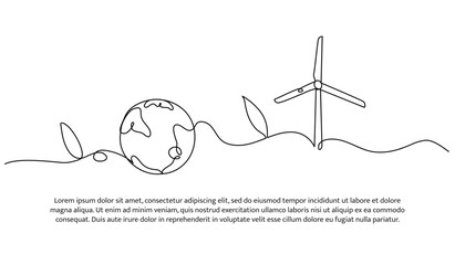 Continuous one line design of earth and wind turbine. Minimalist style vector illustration on white background.