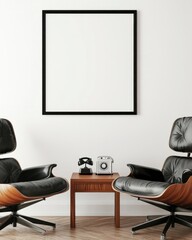 Empty frame mockup in minimalist room with chairs.