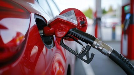 fuel dispenser nozzle filling a car with fuel, with detailed shots of the nozzle and fuel flow, set against a clean gas station backdrop