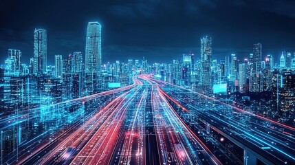 Advanced Smart City Infrastructure with Interconnected Systems at Night