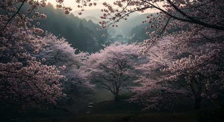 Sakura Trees Blooming Over Village in Early Morning Mist with Beautiful Blossoms