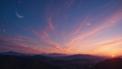 Obraz premium sunset in the mountains background of eid al-fitr greetings