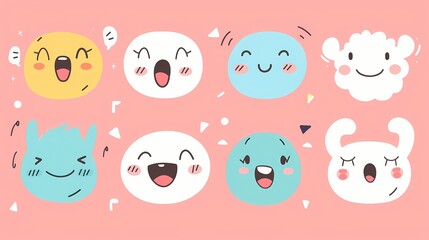 Obraz premium A playful set of illustrated faces in a soft pastel color palette of cyan, pink, and white, featuring joy, curiosity, excitement, and rounded designs with expressions like happiness and fun