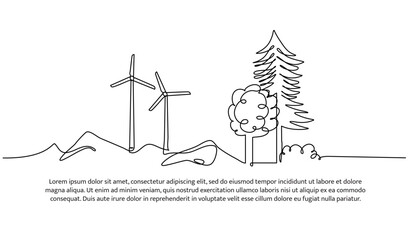
Continuous one line design of wind turbines in natural landscape. Minimalist style vector illustration on white background.
