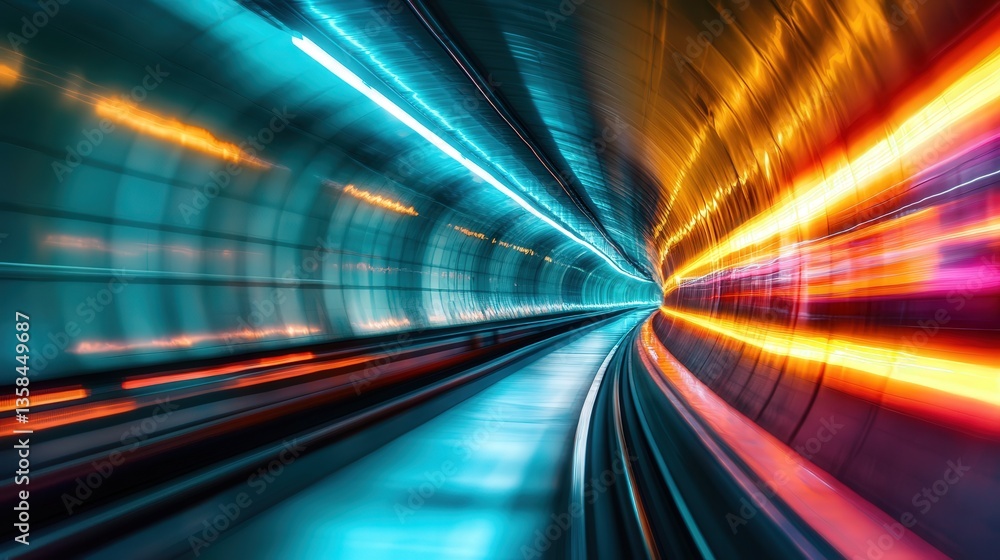 Poster glowing neon tunnel, with colors fading into each other, creating a smooth and continuous flow of ne