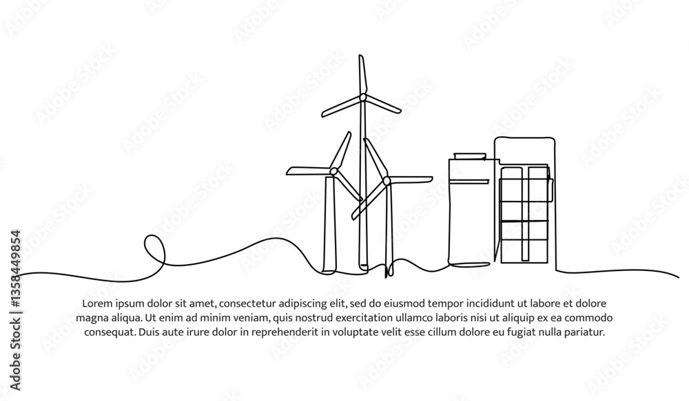 Poster continuous one line design of wind turbines and modern building. minimalist style vector illustratio