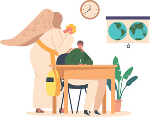 Angel helping schoolboy to study