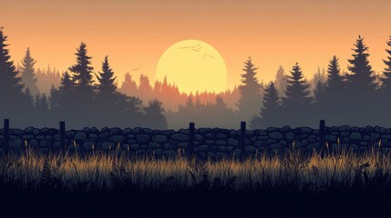 Sunset over stone wall, forest silhouette, peaceful rural landscape, nature background
