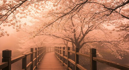 Walking Wooden Bridge Path with Cherry Blossom Trees in Foggy Garden
