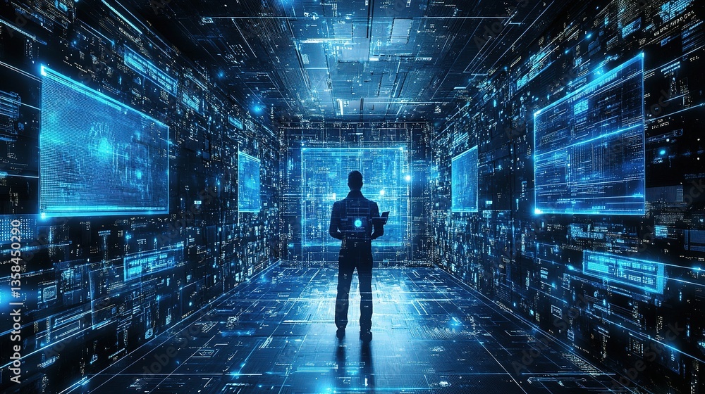 Poster it professional analyzing data in high-tech digital environment