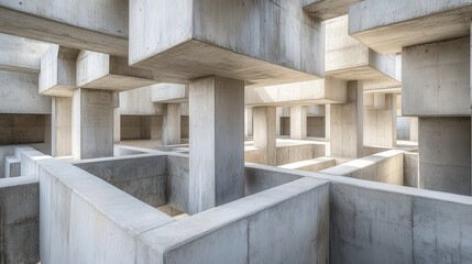 An abstract architectural composition of intersecting rectangular prisms, forming a dynamic yet balanced structure. The surfaces are smooth and matte, reflecting a soft diffused light that enhances 