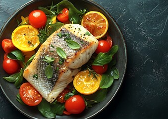 Grilled fish dish served on a plate with fresh vegetables