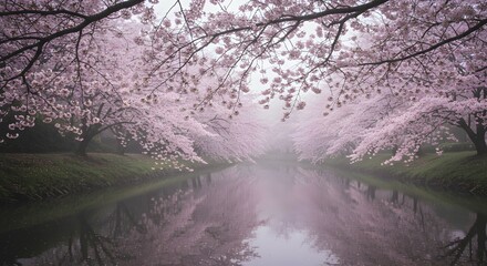 Blooming Cherry Trees Over Water with Reflections and Misty Ambiance