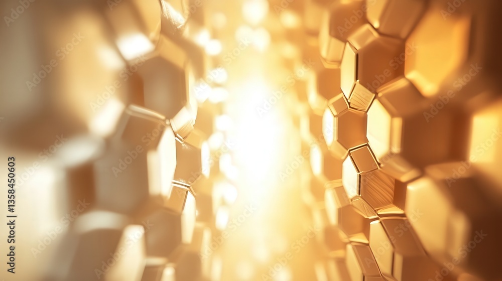 Poster hexagonal tunnel pattern illuminated by soft light, creating an abstract visual of geometric shapes 