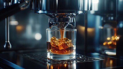 coffee extractor in a professional kitchen, with a barista carefully adjusting the machine as rich espresso flows into a glass cup