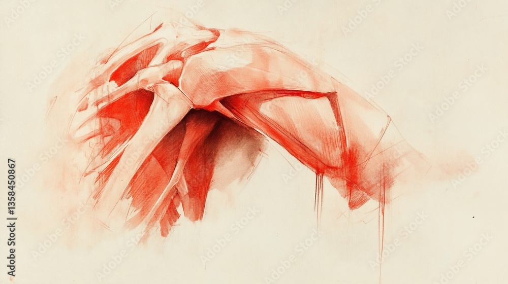 Poster dynamic red sketch of an abstract geometric form on cream paper