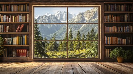 Rustic Bookshelf in Home Office with Scenic Mountain View