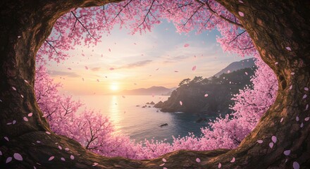 Blooming Cherry Blossoms Framing Coastal Sunset Scene From a Cave
