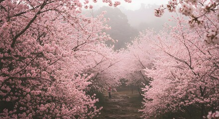 Walking Through Blooming Cherry Blossom Trees in Misty Spring Landscape