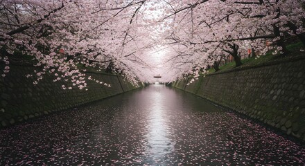Cherry Blossom Trees Overhanging River with Petals on Water Surface