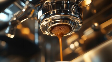 coffee extractor brewing, with rich dark coffee filling a cup, surrounded by the gleaming metal and polished components of the machine.