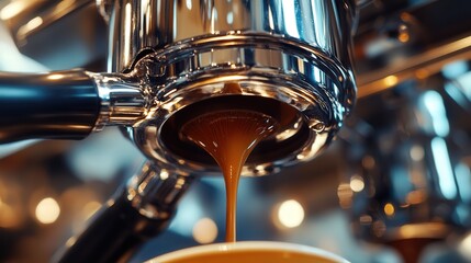 coffee extractor brewing, with rich dark coffee filling a cup, surrounded by the gleaming metal and polished components of the machine.