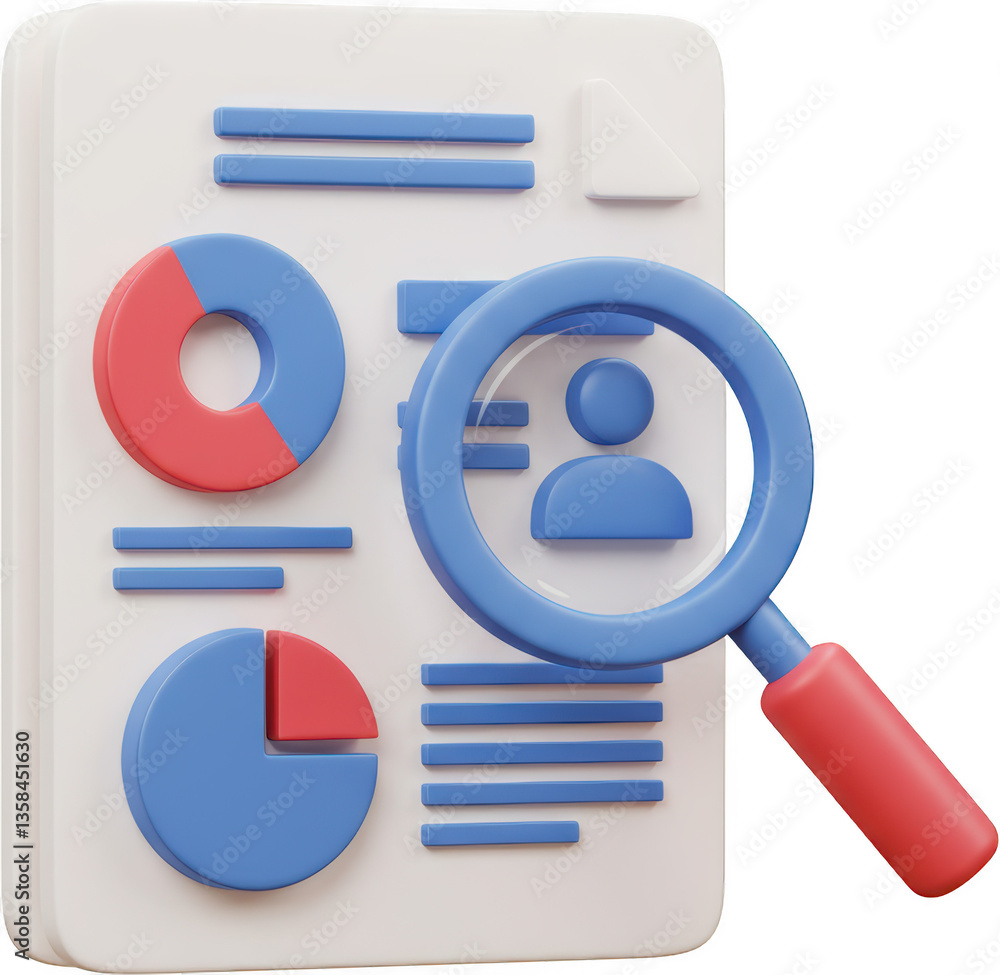 Poster 3d render of business data analysis magnifying glass focusing on a profile icon within charts and gr