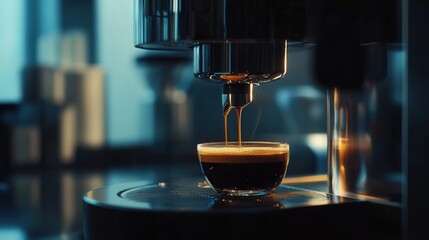 coffee extractor in a cafe with the espresso pouring smoothly into a cup, showcasing the high-quality craftsmanship of the coffee machine