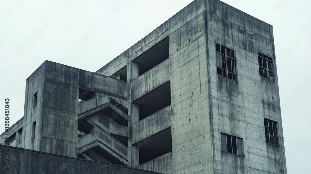 Poster low angle view of a weathered, multi-story concrete building with exposed staircases and broken wind