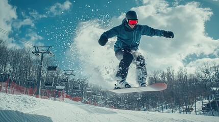 A snowboarder in midair performing a jump on snowy mountain