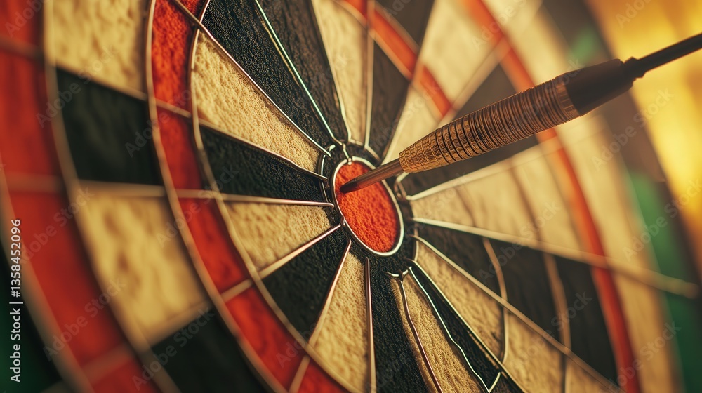 Poster dart hitting the bullseye of a dartboard, with the target's vivid colors and sharp details