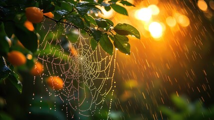 Rain-soaked spiderweb on citrus tree at sunset, nature scene