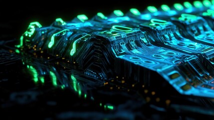 CPU with intricate circuitry, glowing in neon blue and green hues, set against a black reflective surface.