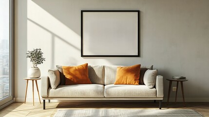 Aerial perspective of modern living room with a framed ISO A poster on the wall placed above a cozy couch and side table