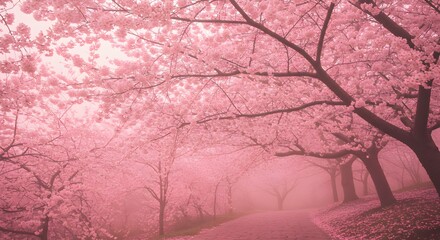 Walking Path Under Cherry Blossoms with Foggy Atmospheric Pink Hue