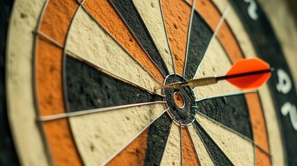 dart target, with several darts stuck in the high-scoring zones, and a perfect bullseye awaiting a throw.
