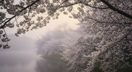 Cherry Blossom Trees in Foggy Landscape Reflected in Still Water